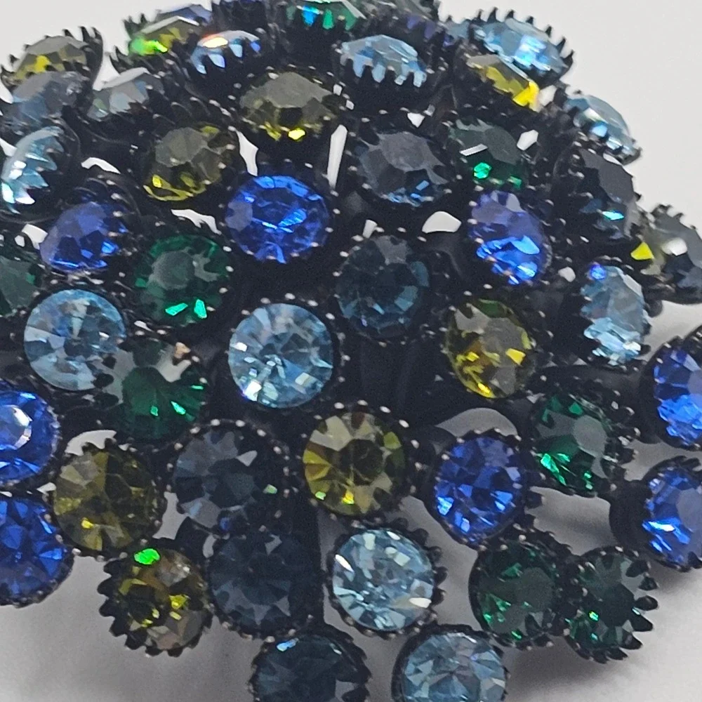 Vtg Rhinestone Brooch Dome Cluster Japanned Peacock Blue Green Statement 2
